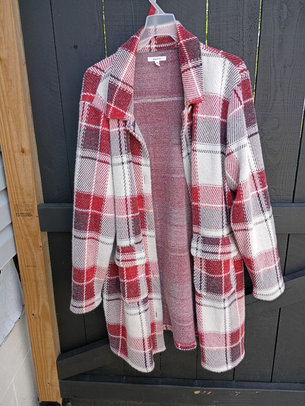 Maurices Red White Plaid Open Cardigan